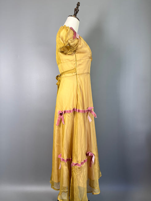 Vintage Yellow Regency Era Dress with Puff Sleeves and Pink Bows - Yellow Regency Era Dress Plus Size